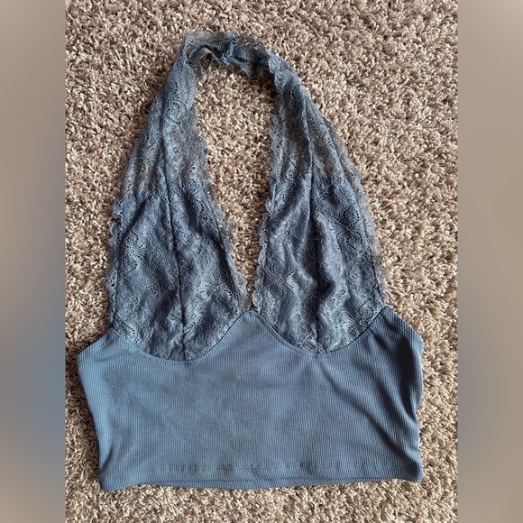 Lace Cropped Halter Top - Dusty Blue - Picture 3 of 5